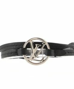 Best Sale ⌛ Louis Vuitton Black Leather Metal LV Round Bracelet ⭐