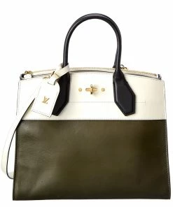 Outlet 🛒 Louis Vuitton Green Calfskin Leather City Steamer MM (Authentic Pre-Owned) ❤️